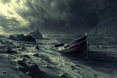 A weathered wooden boat on a desolate beach under a stormy skyの素材