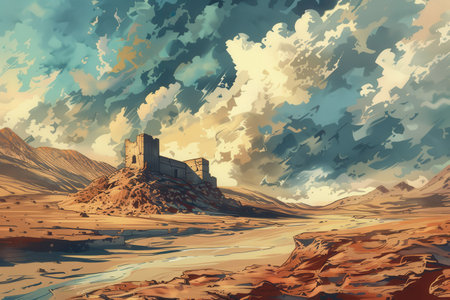 A desolate desert scene with a ruined castle on a hillの素材