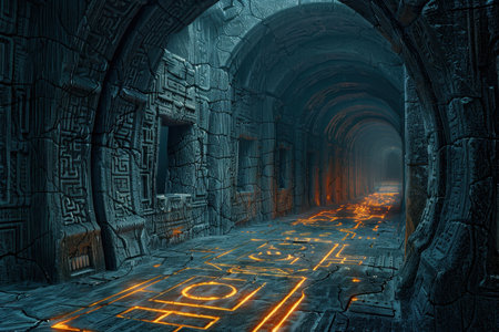 A dark and mysterious stone corridor illuminated by glowing orange linesの素材