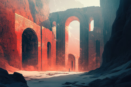 A lone figure walks towards the light through a desolate canyon lined with crumbling arches.の素材