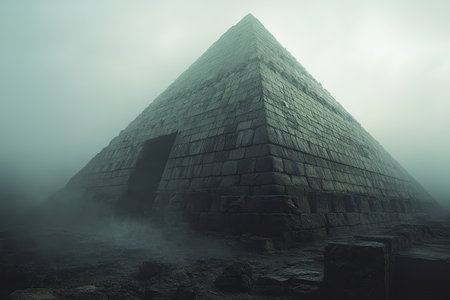 A stone pyramid emerges from thick fog, casting an eerie and enigmatic shadow.の素材