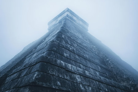 A low-angle view of an ancient stone pyramid rising from a thick fog, creating a sense of mystery and grandeur.の素材