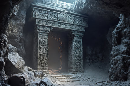 The image depicts a stone archway entrance to a dark and mysterious cave. The archway is carved with intricate symbols and surrounded by rough, weathered rocks. Light shines through the opening, hinting at a hidden passageway.の素材