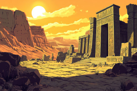 The image depicts the ruins of an ancient Egyptian temple, with pillars adorned with hieroglyphics, standing in a vast desert landscape under a setting sun.の素材
