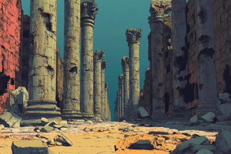 The image depicts the ruins of an ancient temple, showcasing weathered stone columns and walls, hinting at a lost civilization and the passage of time.の素材