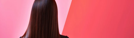 A closeup view of long straight brown hair against a pink and red backgroundの素材
