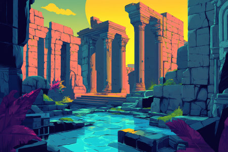 The image depicts the ruins of an ancient temple, featuring crumbling stone structures, weathered pillars, and a pool of water reflecting the sky and surrounding vegetation.  The vibrant colors and stylized design create a surreal and fantastical atmosphere.の素材