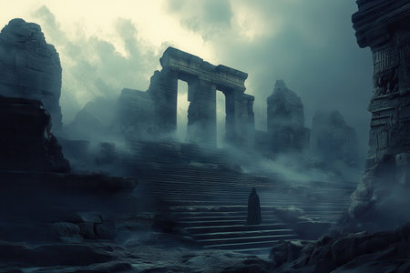 A solitary figure walks towards a stone archway in a haunting, fog-filled landscape, suggesting a journey into a mysterious past.の素材