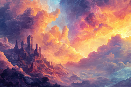 A digital painting depicting a fantasy city nestled within a breathtaking sunset sky, with a multitude of clouds painted in vibrant hues of orange, pink, and purple.の素材