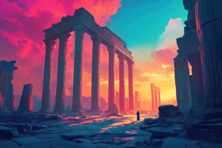 A lone figure walks through the remnants of a weathered ancient temple during a vibrant sunset, the scene bathed in warm, golden light.の素材
