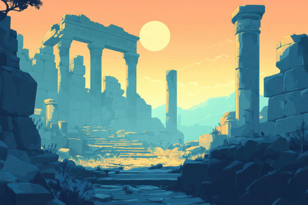 The image depicts the ruins of an ancient stone temple with pillars, columns, and steps against a backdrop of a sunset sky and distant mountains.の素材
