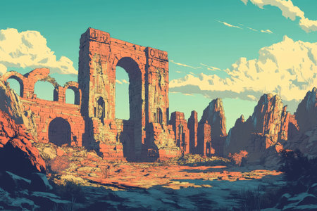 The image depicts the crumbling remains of a stone archway in a desert landscape, highlighting the passage of time and the decay of a once-grand structure.の素材