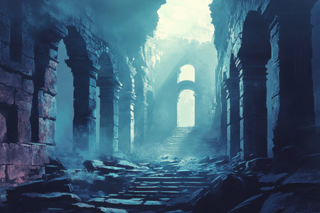 An image of a narrow pathway leading through the ruins of an ancient structure with arches and steps under a hazy blue sky.の素材