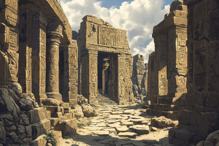 A view of the ruins of an ancient Egyptian temple, featuring carved pillars, a pathway leading to an entrance, and a sense of mystery and history.の素材