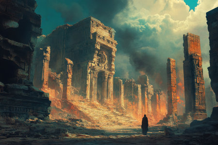 A solitary figure walks towards the ruins of an ancient temple in a desolate and post-apocalyptic world.の素材