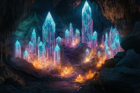 A surreal scene featuring a collection of large, glowing crystals within a dark cave.の素材