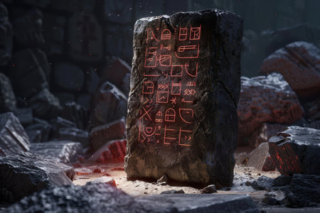 A close-up of an ancient stone slab with glowing red symbols, suggesting a hidden message or code, set against a dark and mysterious background.の素材