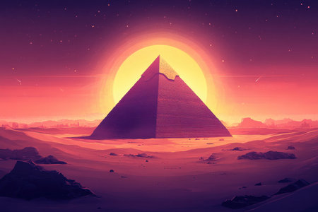 A large pyramid stands alone in a desert landscape under a setting sun, casting long shadows across the sand dunes.の素材