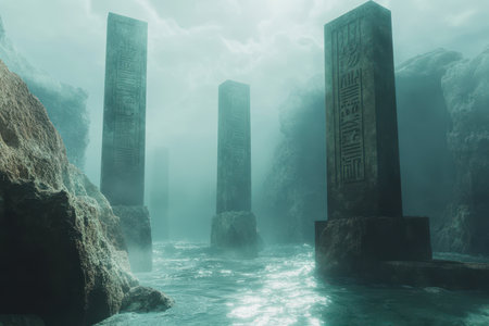 An atmospheric image of three tall stone pillars with inscriptions, standing amidst misty water in a rocky landscape.の素材