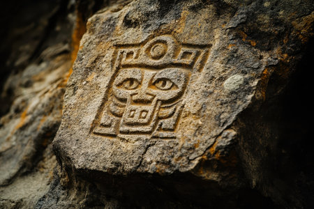 A close-up view of an ancient carving of a face on a rock outcropping.の素材