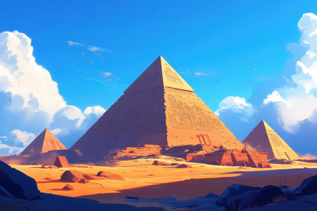 A picturesque scene of three ancient pyramids standing tall in a vast desert landscape under a clear blue sky.の素材