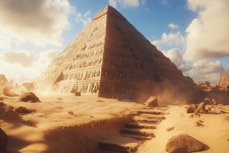 A large, ancient stone pyramid stands tall in a desert landscape, its weathered surface etched with hieroglyphs and surrounded by scattered ruins.の素材