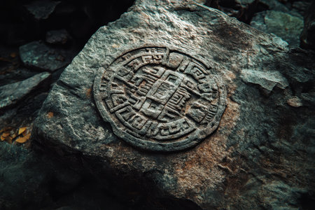 A close-up view of a weathered rock surface with a circular carved symbol.の素材