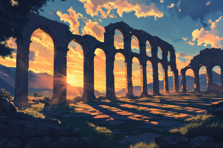 The image depicts the ruins of an ancient stone structure, with arches framing a sunset over a mountainous landscape. The warm colors and soft light create a peaceful and nostalgic atmosphere.の素材