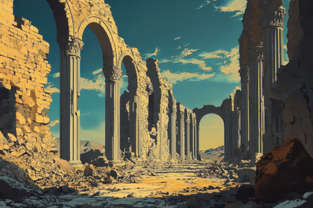 A detailed view of weathered ancient ruins with crumbling pillars, arched passageways, and debris scattered on the ground.の素材