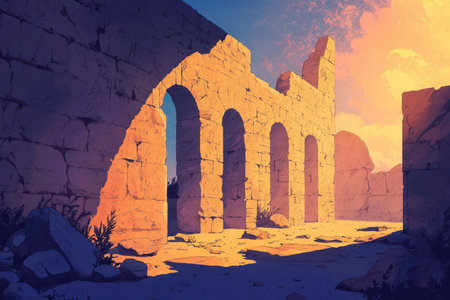 A ruined stone archway with a sunset sky, highlighting the stark beauty of ancient ruins.の素材