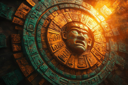 A close-up of an ancient Mayan carved stone face with geometric patterns, illuminated by a warm glow.の素材