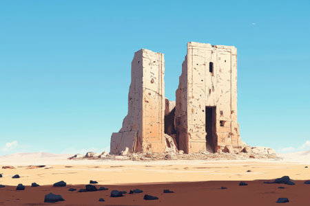 The image shows the weathered ruins of a stone structure in a vast, desolate desert landscape. The structure appears to be a large building with tall, crumbling walls and a single, arched doorway.  The sky is a bright blue, suggesting a clear, sunny day.の素材
