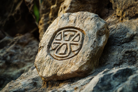 A close-up shot of a carved symbol on a stone in a rocky landscape.の素材