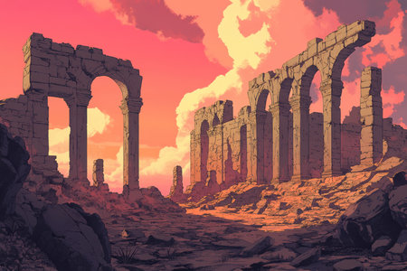 The image depicts a scene of ancient ruins with archways and pillars, set against a dramatic sunset sky with orange and pink hues. The ruins are weathered and broken, suggesting a long-lost civilization.の素材