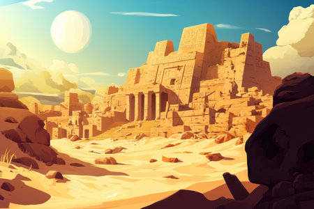 A detailed illustration of ancient temple ruins in a desert landscape under a bright, sunny sky.の素材