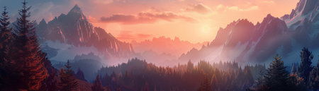 A panoramic view of a mountain range at sunset with a forest in the foregroundの素材