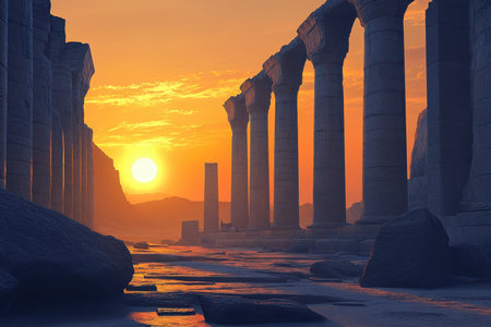The image depicts an ancient stone structure with pillars standing tall against a vibrant sunset sky.の素材