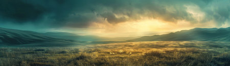 Panoramic landscape with rolling hills and distant mountains bathed in warm golden hour lightの素材