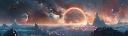 Fantasy landscape of a distant planet with a vibrant nebula and two moonsの素材