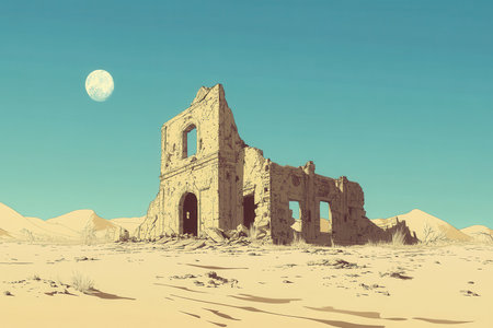 A weathered and dilapidated stone building stands in a vast desert landscape under a bright blue sky and a full moon.の素材