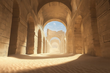 An ancient stone archway leads into a vast desert landscape, revealing a glimpse of blue sky and fluffy clouds.の素材