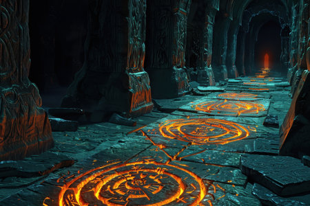 A mysterious and glowing path leading through a dark ancient stone corridorの素材