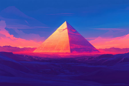 A digital painting depicting a large, glowing pyramid rising from a purple mountain range against a colorful sunset sky.の素材