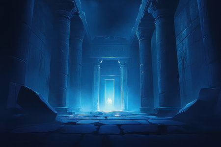A long, dark hallway illuminated by an ethereal blue light, lined with ancient stone columns and leading to a distant doorway.の素材