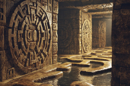 A narrow, dark corridor in an ancient stone structure, featuring intricate carvings and water flowing through a path in the center.の素材