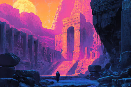 A single figure walks towards an ancient, ruined temple in a colorful and mystical desert landscape.の素材