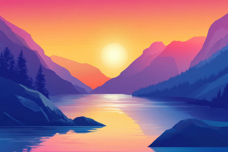 A picturesque landscape with vibrant sunset hues reflecting on a tranquil lake surrounded by majestic mountains and a lush forest.の素材