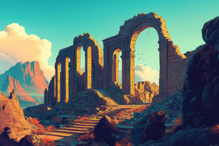 A weathered stone archway structure with steps leading up to a mountain in the distance, surrounded by desert rocks.の素材