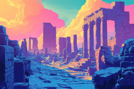 A digital painting depicting the ruins of an ancient temple, with crumbling stone pillars and walls, set against a colorful sky with vibrant pink, yellow, and blue clouds.の素材