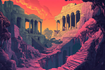 A digital painting depicting the remnants of an ancient temple with overgrown foliage and steps leading towards a mysterious passage, all under a vibrant sunset sky.の素材